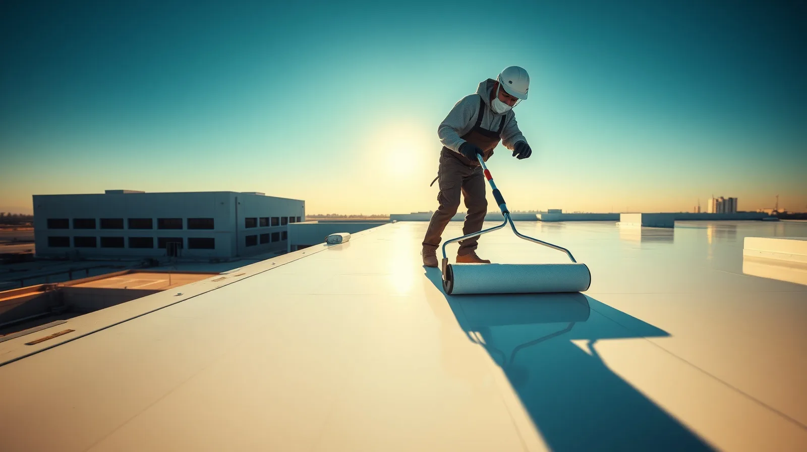 Roofing technician applying reflective silicone roof coating on a commercial rooftop