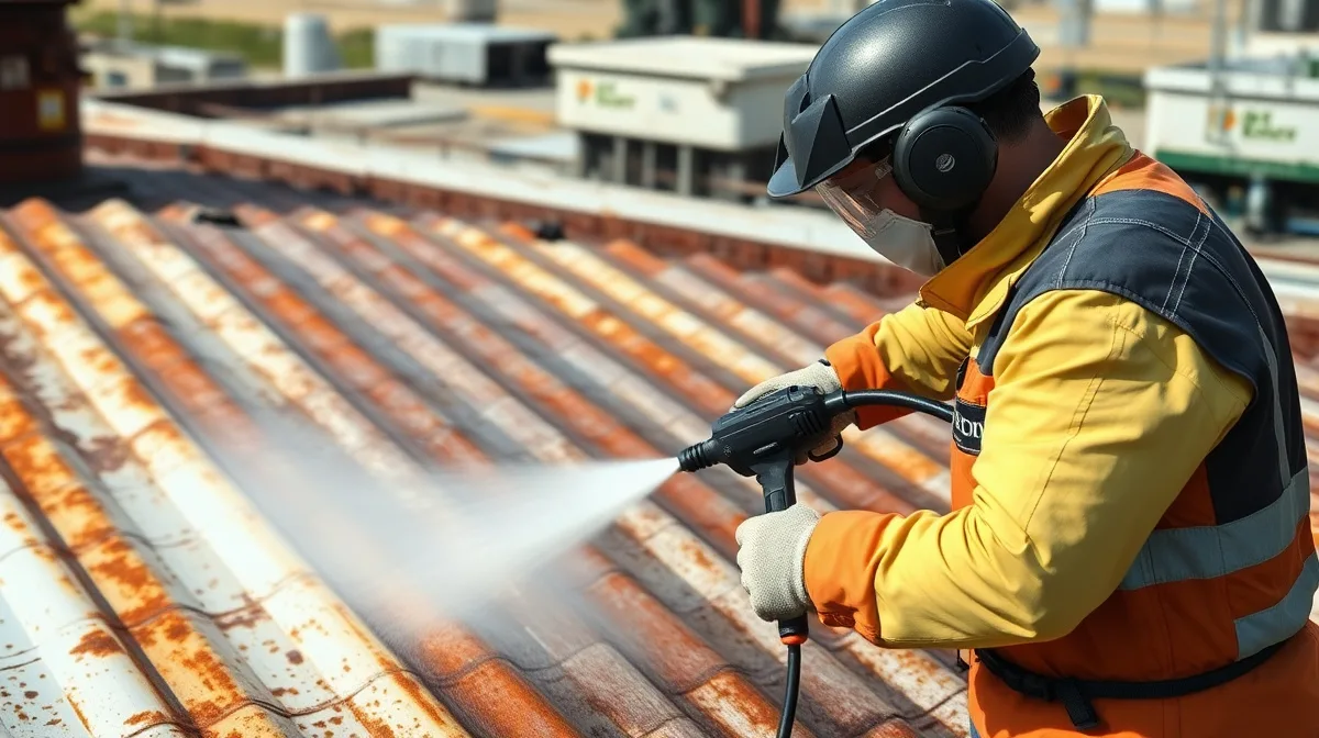 Technician preparing a metal roof for coating restoration